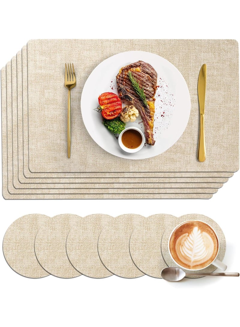 مجموعة Placemats الجلد الزائف من 6 الحجم 18 "x 12" ، البقع والحرارة مقاومة طاولة مكان حصاري مع مجانية المشروبات كوسترز ، ماء طاولة حصاري لتناول الطعام طاولة الاستخدام في الداخل والخارج (البيج) - Image 1
